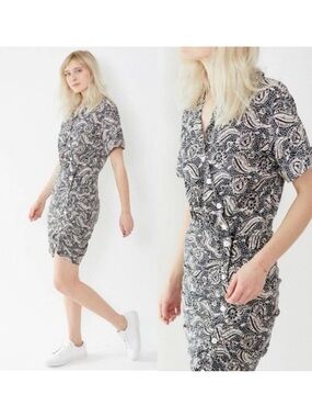 Veronica Beard Bria Paisley Ruched Shirt Dress Size 2 Black Mini Button Front